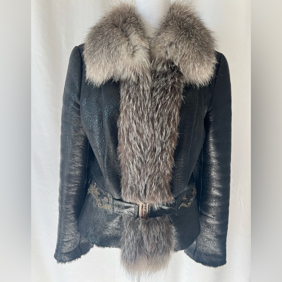 Manzari Milano black leather shearling with fox fur trim winter jacket. Size 38 - Picture 1 of 9
